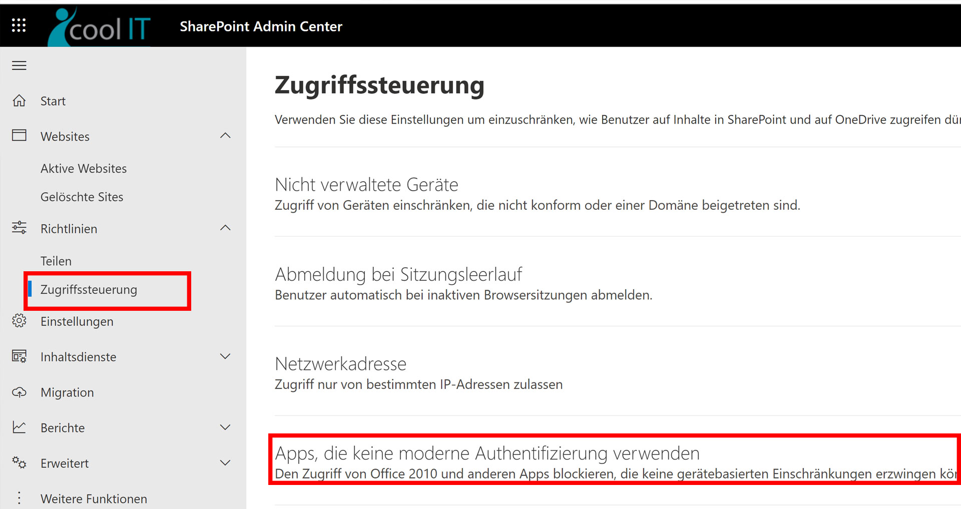 Apps ohne moderne Autorisierung den Zugriff gestatten